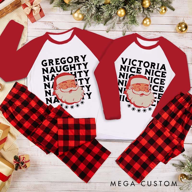 Personalized Couple Retro Naughty and Nice with Santa Xmas Pajamas Christmas Matching Pjs for Husband Wife Boyfriend Girlfriend