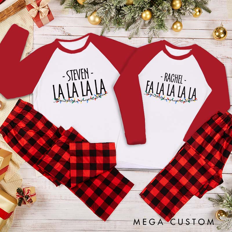 Personalized Couple Fa La La La La Xmas Matching Pajamas Colorful String Lights Christmas Matching Pjs for Husband Wife Boyfriend Girlfriend