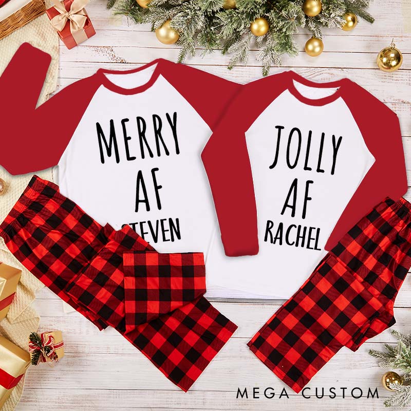 Personalized Couple Merry Af and Jolly Af Xmas Matching Pajamas with Name Christmas Matching Pjs for Husband Wife Boyfriend Girlfriend