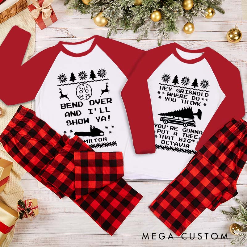Personalized Couple Bend Over and I’ll Show Ya Xmas Pajamas Christmas with Name Christmas Matching Pjs for Husband Wife Boyfriend Girlfriend