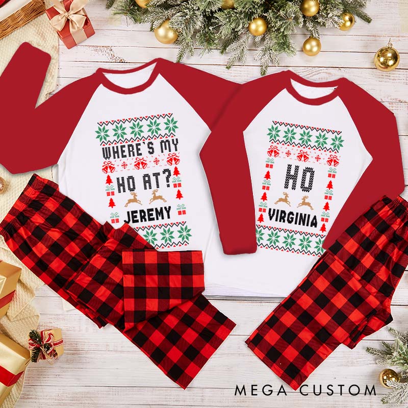 Personalized Funny Couple Where’s My Ho At and Ho Xmas Pajamas Christmas with Name Christmas Matching Pjs for Husband Wife Boyfriend Girlfriend