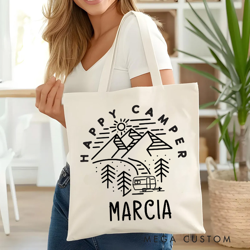 Personalized Happy Camper Outdoor Adventure Tote Bag Gift for Camping Hiking Traveling Lover 