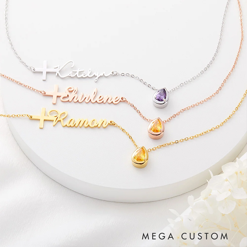Personalized Dainty Cross Name Necklace with Drop-Shaped Birthstone Birthday Christian Baptism Gift for Her