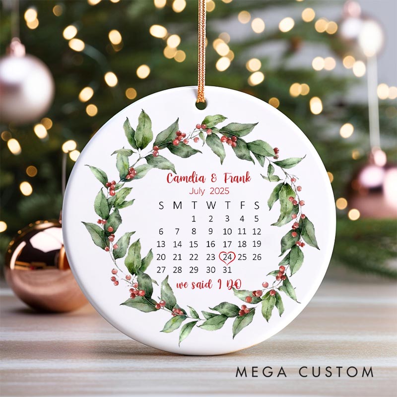 Personalized Wedding Date Calendar Ornament with Floral Wreath Christmas Ornament for Couple Husband Wife Xmas Decor Ornament