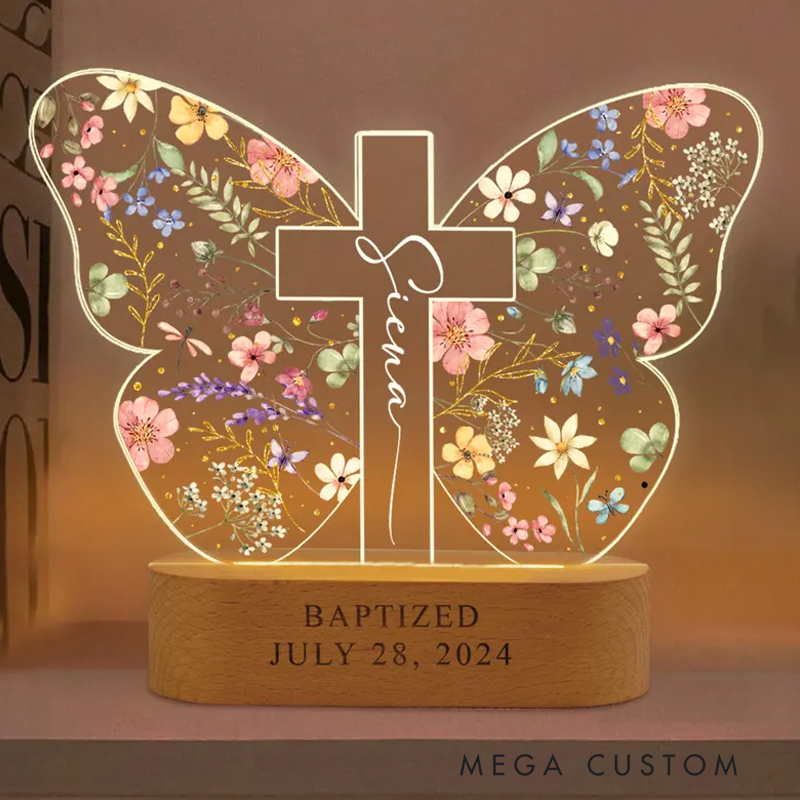 Personalized Butterfly Custom LED Night Light with Wooden Base Home Decor Baptism Gift for Christian