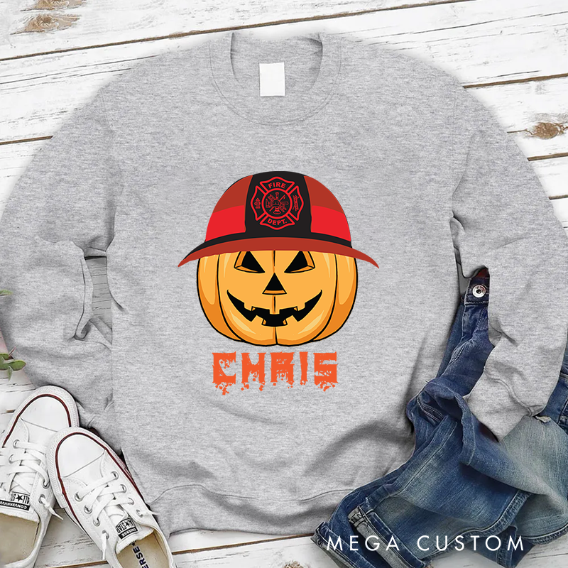 Personalized Fireman Halloween Sweatshirt Pumpkin with Firefighter Helmet Theme Gift