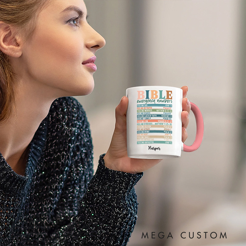 Personalized Multicolor Bible Emergency Numbers Ceramic Inner Color Mug with Name Religious Gift Birthday Gift for Women