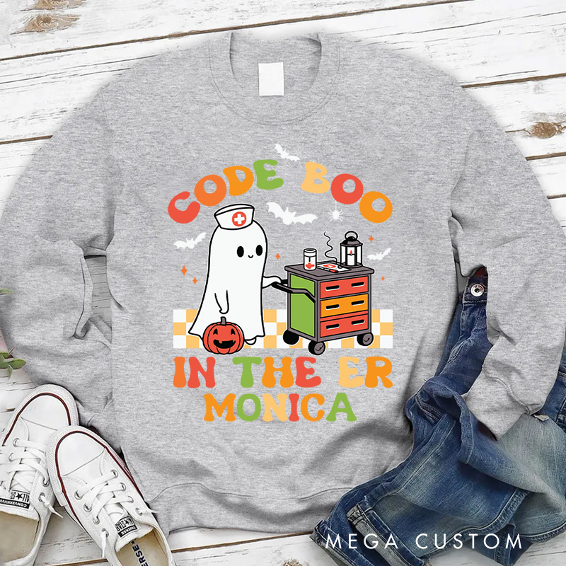 Personalized Nurse Halloween Sweatshirt Customized Code Boo in the ER Design Sweatshirt Nurse Halloween Gifts
