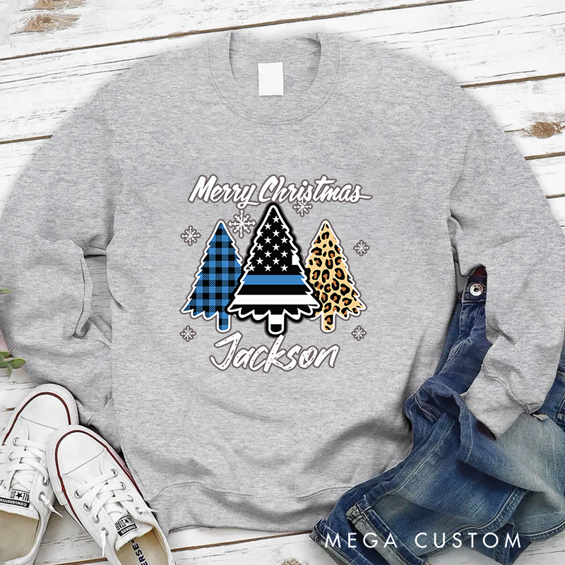Personalized Thin Blue Line Christmas Sweatshirt Merry Christmas Gift for Police Officer