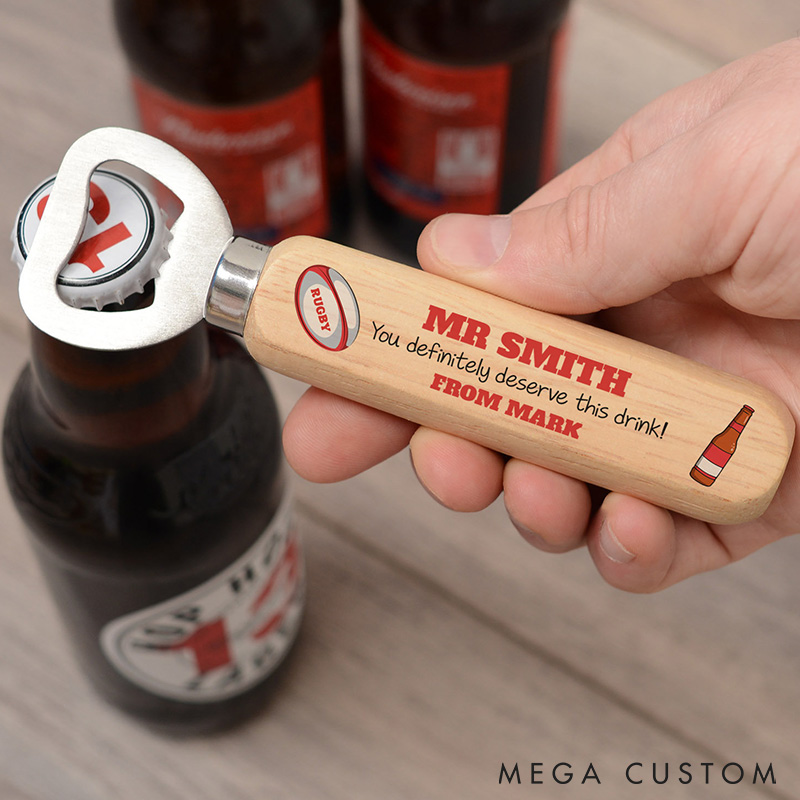 Personalized Rugby Bottle Opener with Custom Rugby Design and Message