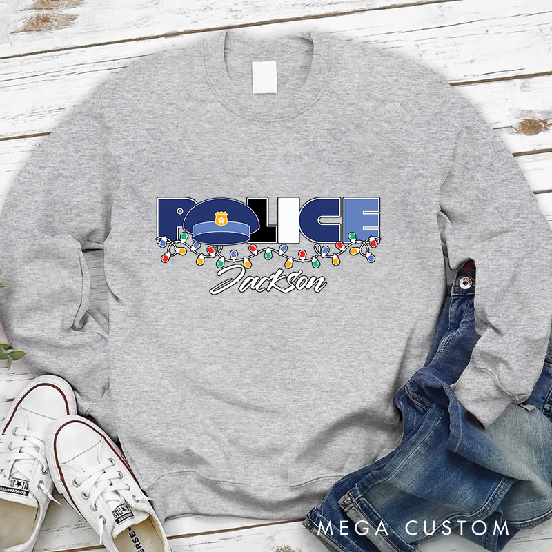 Personalized Police Christmas Sweatshirt with Festive String Lights Gift for Police Officer