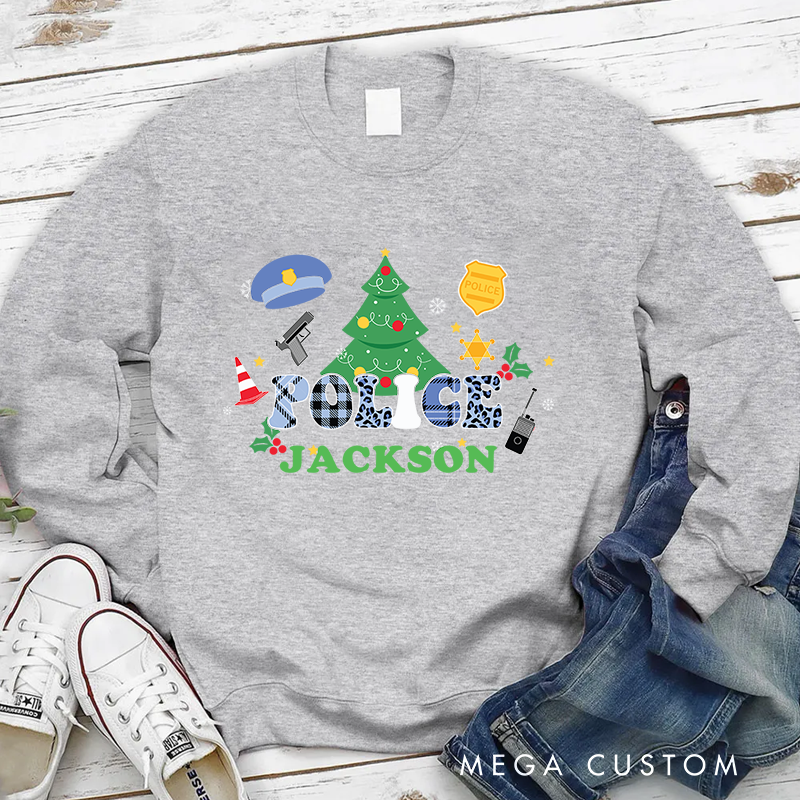 Personalized Police Christmas Sweatshirt with Tree and Festive Decorations Gift for Police Officer