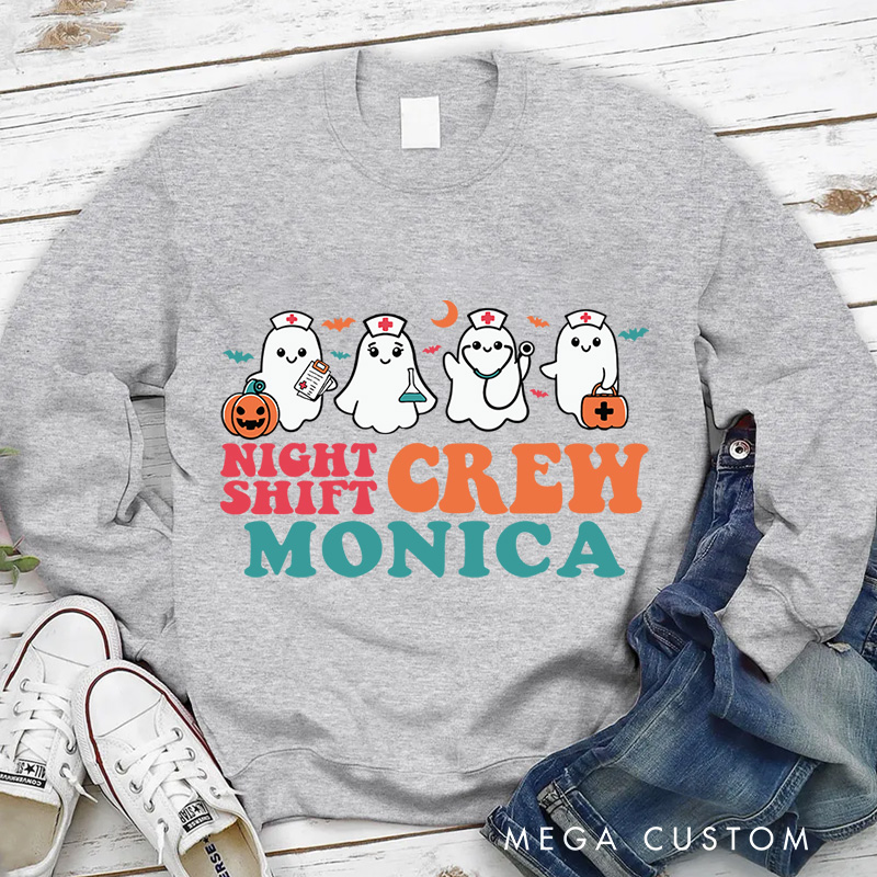 Personalized Nurse Halloween Sweatshirt Customized Night Shift Crew Design Sweatshirt Nurse Halloween Gifts