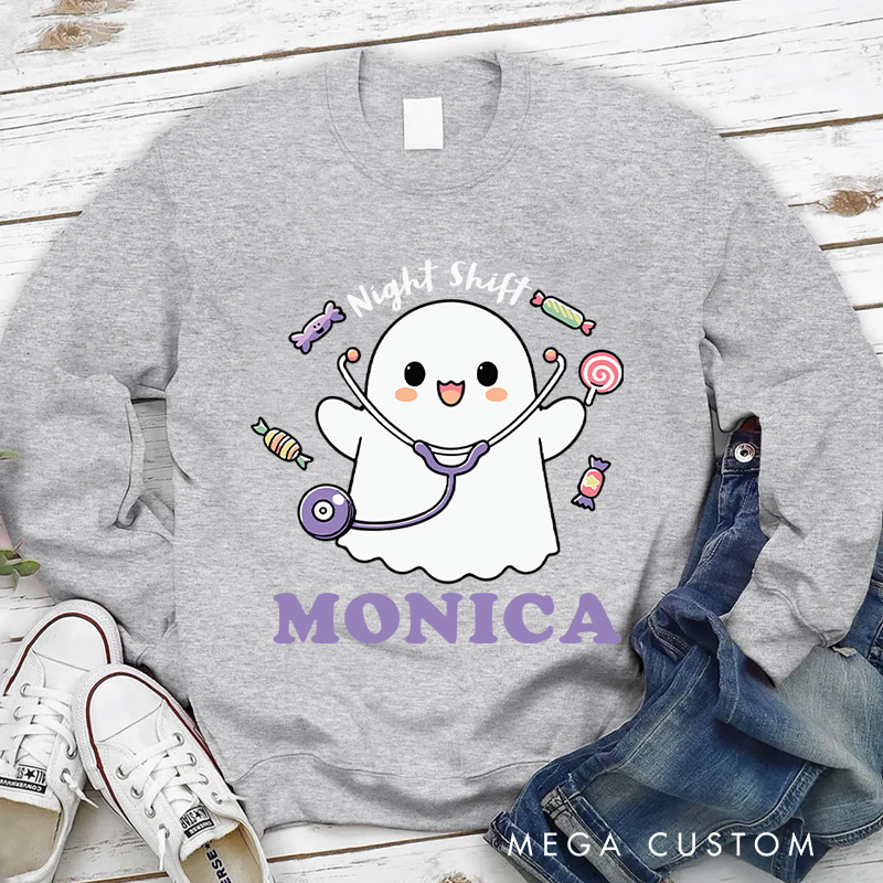 Personalized Nurse Halloween Sweatshirt Customized Night Shift Ghost Design Sweatshirt Nurse Halloween Gifts
