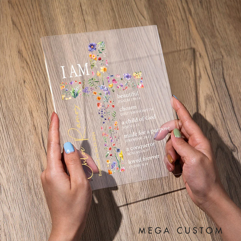 Personalized Floral Cross Bible Verse Name LED Night Light with Wood Base Religious Gift Baptism Gift for Girls