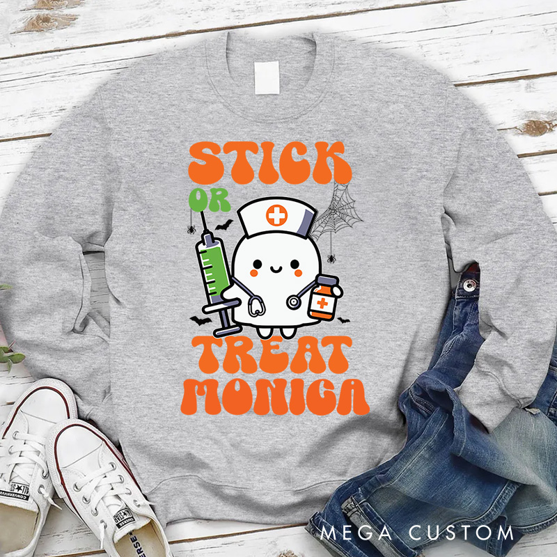 Personalized Nurse Halloween Sweatshirt Customized Stick or Treat Design Sweatshirt Nurse Halloween Gifts