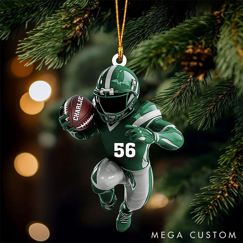 Personalized American Football Player Ornament with Custom Name, Number, and Team Colors