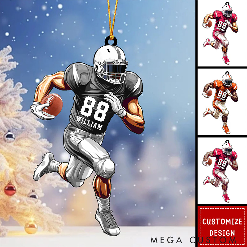 Personalized Action American Football Player Ornament with Custom Name, Number and Team Colors
