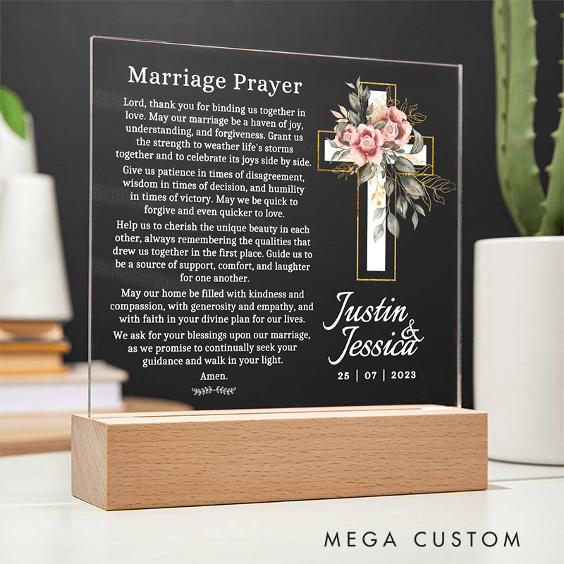 Personalized Marriage Prayer LED Night Light with Name and Date Religious Wedding Gift for Christian Couple
