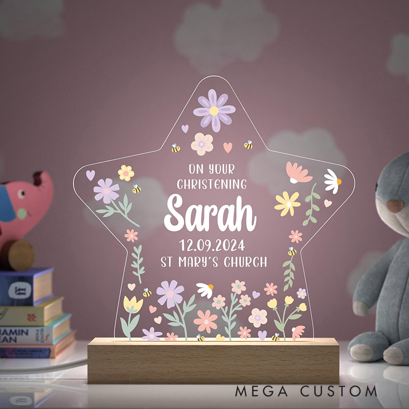 Personalized Flowers and Bees LED Night Light with Name and Date Christening Keepsake Baptism Gift for Girls