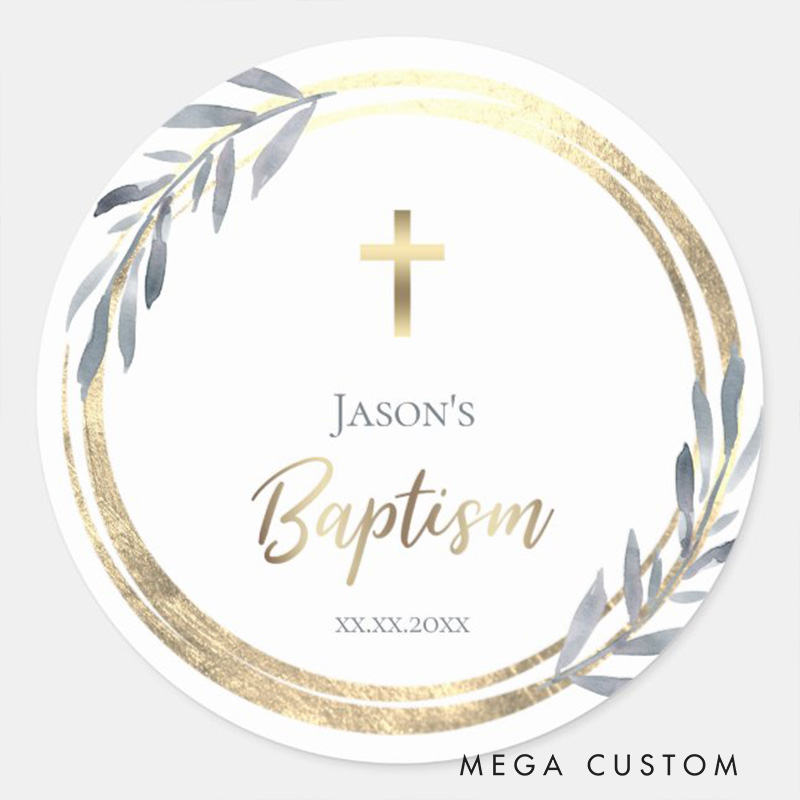 Personalized Dusty Blue Wreath Cross Classic Round Sticker with Name and Date Christian Gift Baptism Gift for Boys