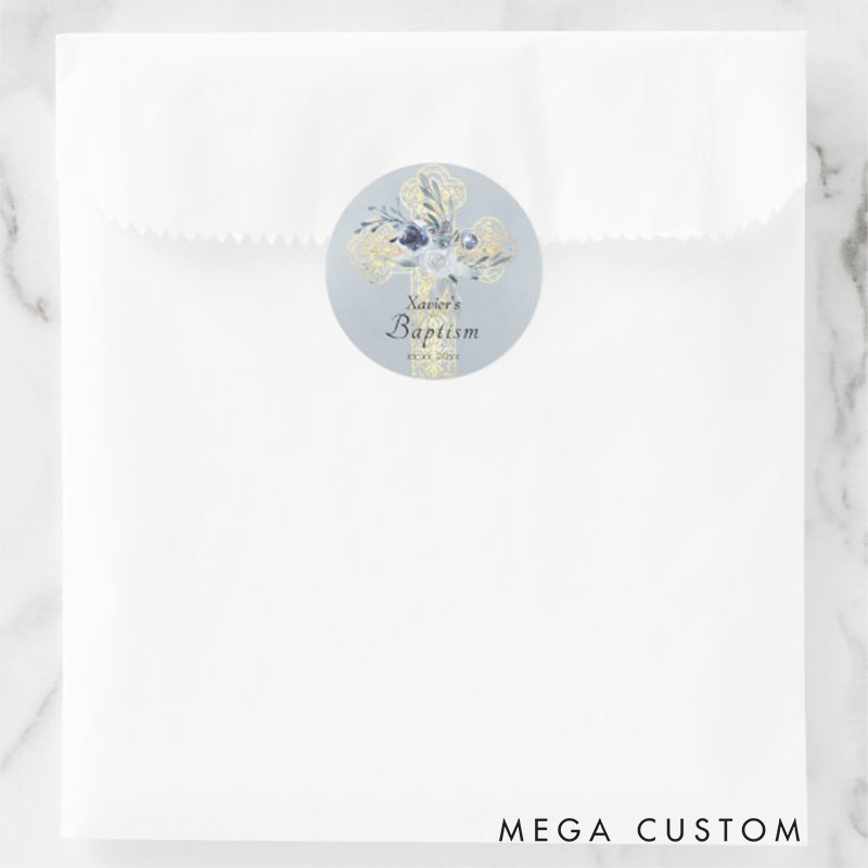 Personalized Floral Cross Classic Round Sticker with Name and Date Religious Gift Baptism Gift for Girls
