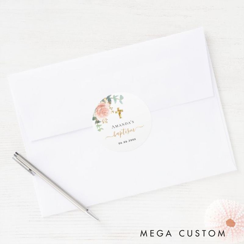 Personalized Eucalyptus Pink Floral with Cross Classic Round Sticker with Name and Date Religious Gift Baptism Gift for Girls