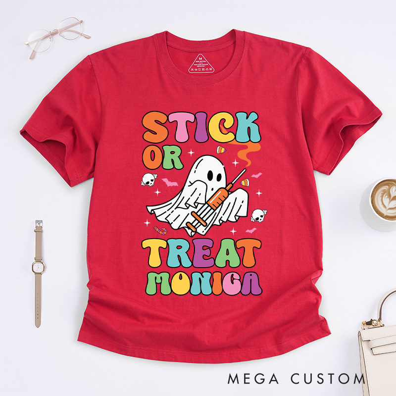 Personalized Nurse T-Shirts Stick or Treat Fashion Design T-Shirts Nurse Halloween Gifts