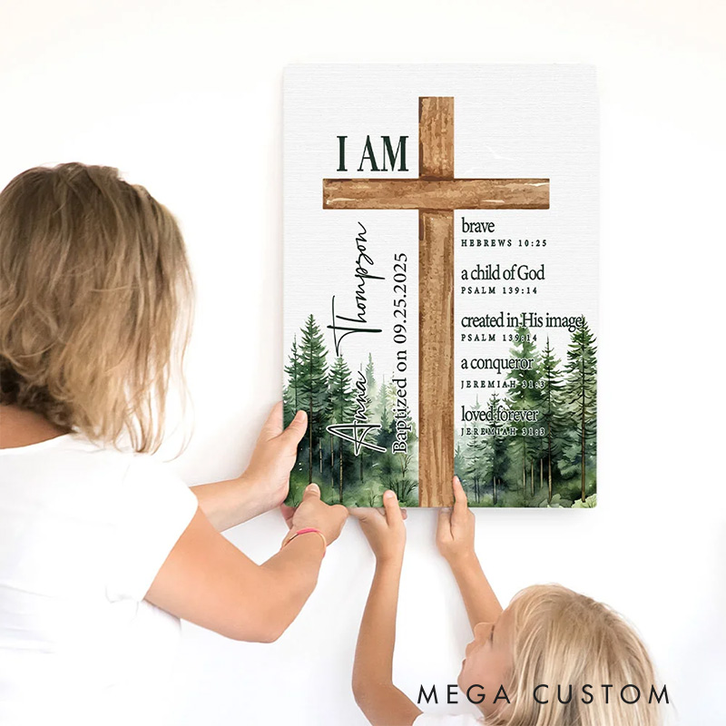 Personalized Cross Bible Verse Frameless Canvas Painting with Name Religious Wall Decor Christening Baptism Gift for Boys