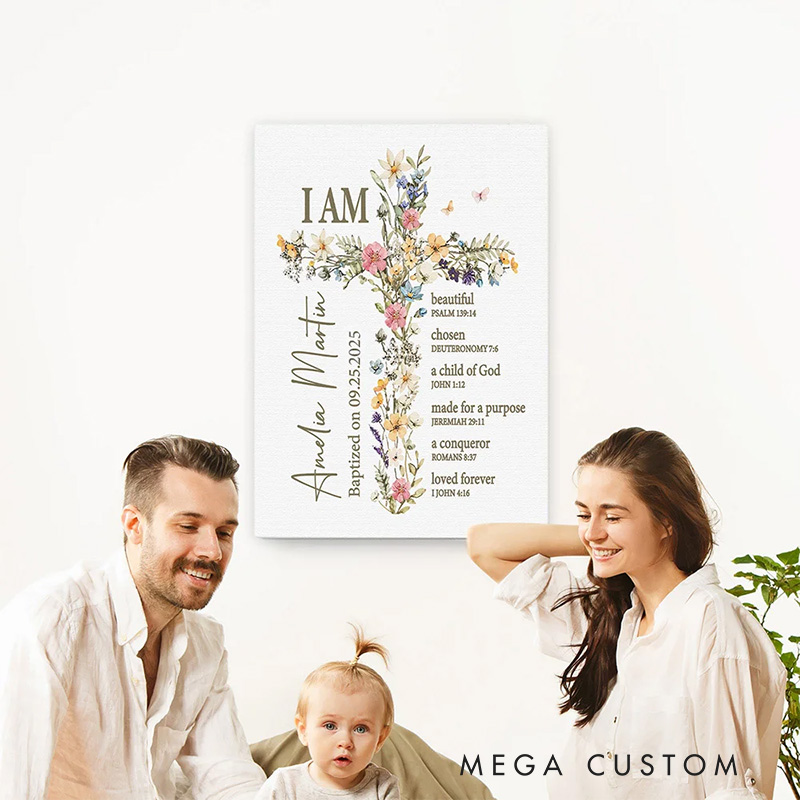 Personalized Floral Cross Bible Verse Frameless Canvas Painting with Name Religious Wall Decor Christening Baptism Gift for Girls