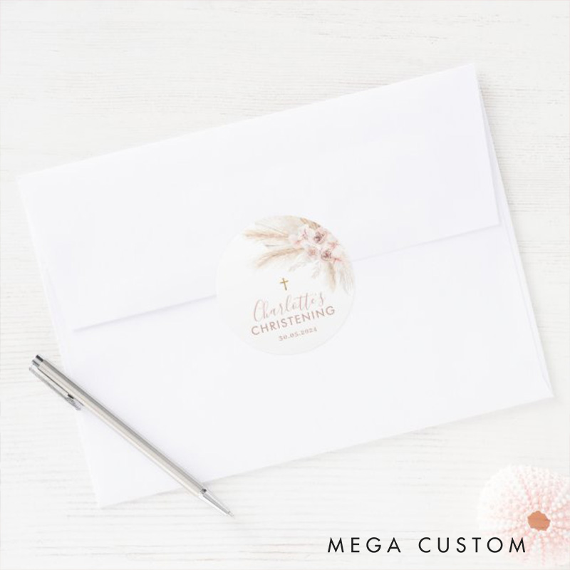 Personalized Boho Pampas Pink Floral Classic Round Sticker with Name and Date Religious Gift Baptism Christening Gift for Girls