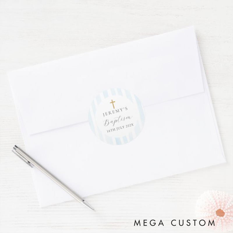 Personalized Blue Watercolor Stripes Classic Round Sticker with Name and Date Religious Gift Baptism Christening Gift for Boys