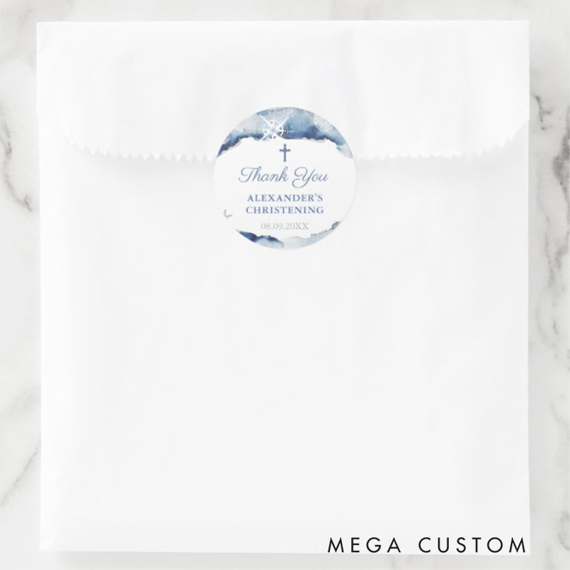 Personalized Navy Blue Nautical Thank you with Cross Classic Round Sticker with Name and Date Religious Gift Baptism Christening Gift for Boys