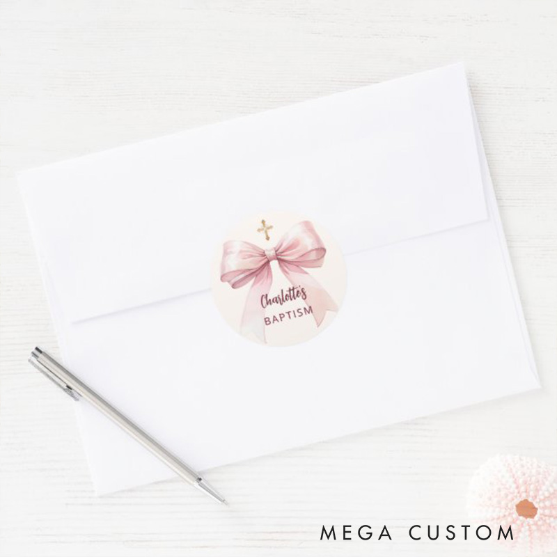 Personalized Pink Bow Cross Cream Peach Classic Round Sticker with Name Religious Gift Baptism Christening Gift for Girls