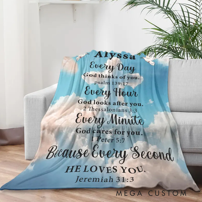 Personalized Bible Verse Blue Soft Throw Blanket with Name Religious Day Birthday Holiday Gift for Christians