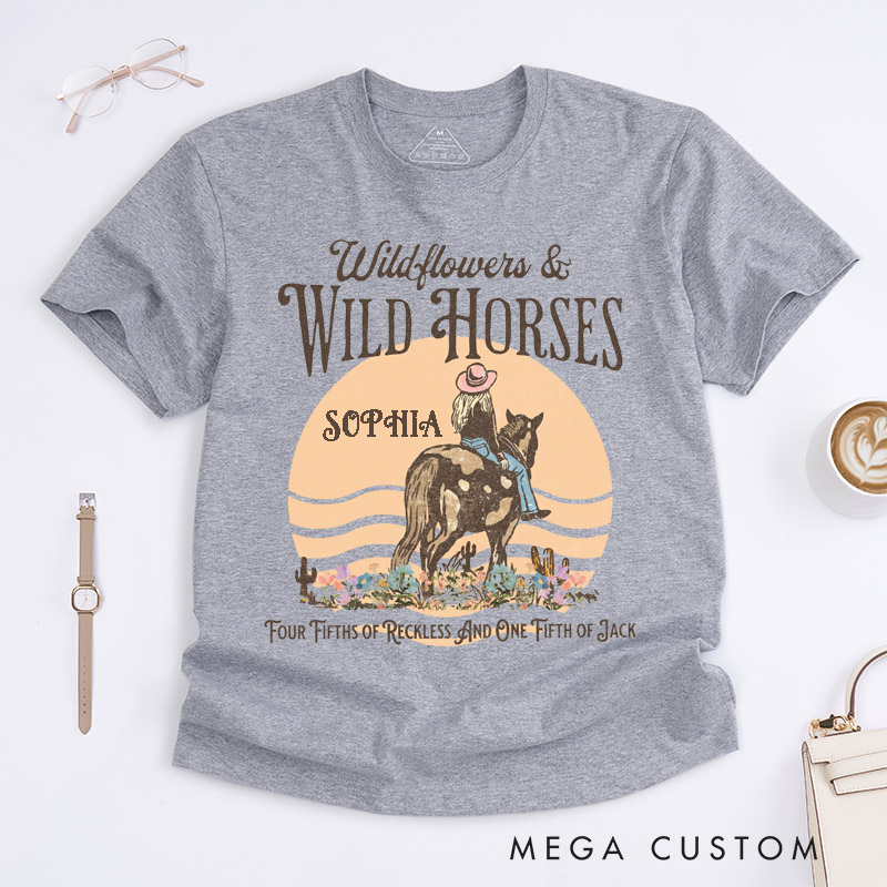 Personalized Wild Horses Western Classic T-Shirts Custom Name Cowgirl Country Music Retro Shirt Unique Gift for Women Girls Horse Lovers Birthday