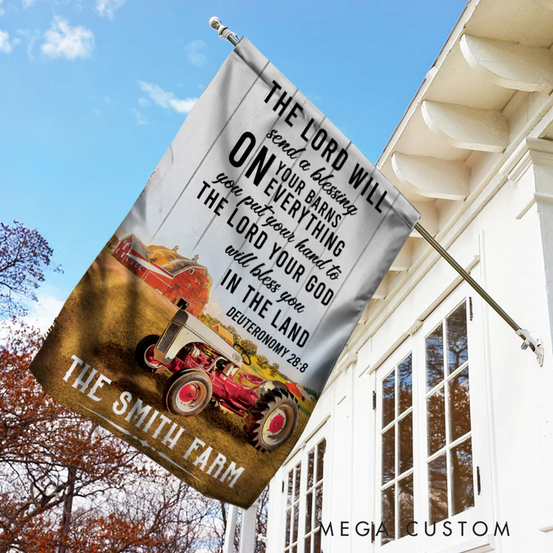 Personalized Farm Tractor God Blessing Garden Flag with Text Yard Porch Decor Christmas Religious Gift for Family Christian