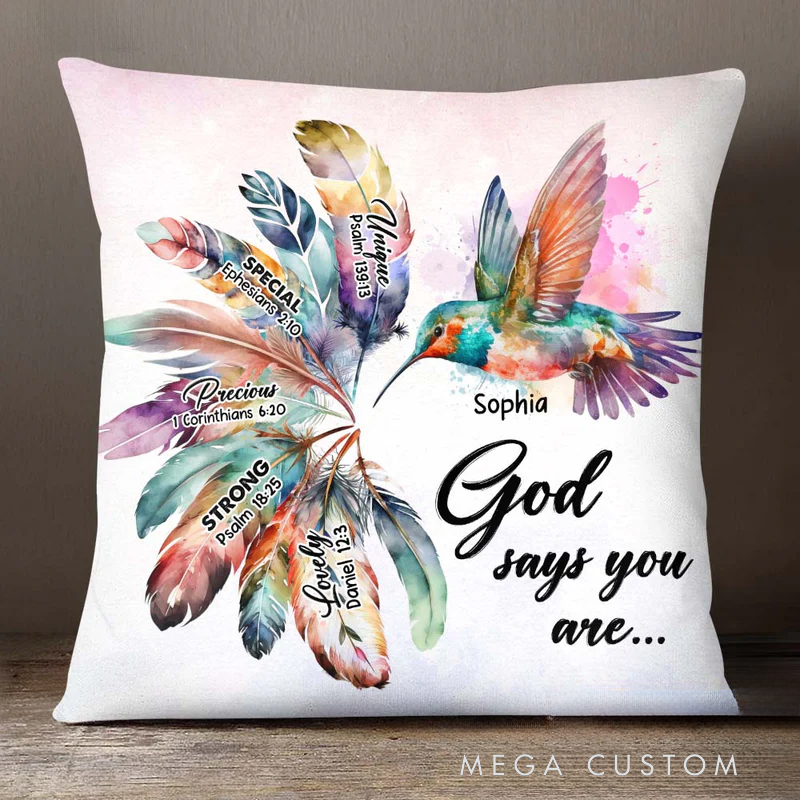 Personalized Hummingbird God Says You are Throw Pillow with Name Christian Birthday Gift for Family Religious Inspirational Gift for Christian