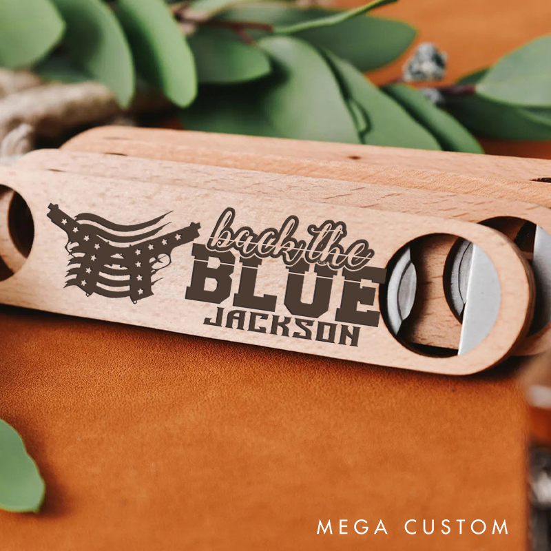 Personalized Back the Blue Wooden Handled Engraved Bottle Opener Gift for Police Officer Police Supporters