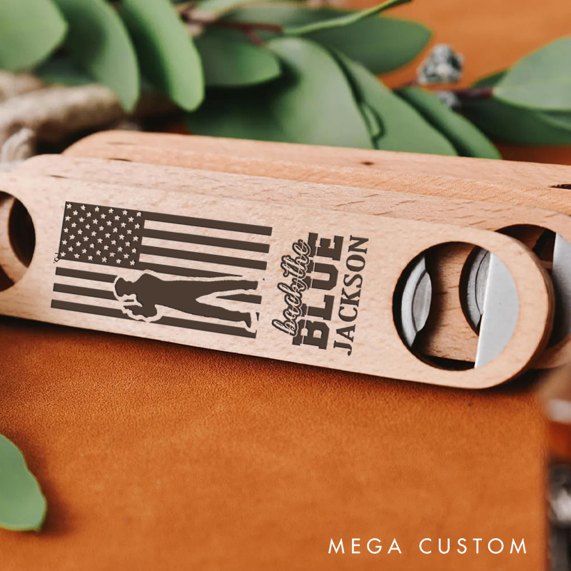 Personalized Wooden Handled Engraved Bottle Opener with Custom Back the Blue Design for Law Enforcement Supporters