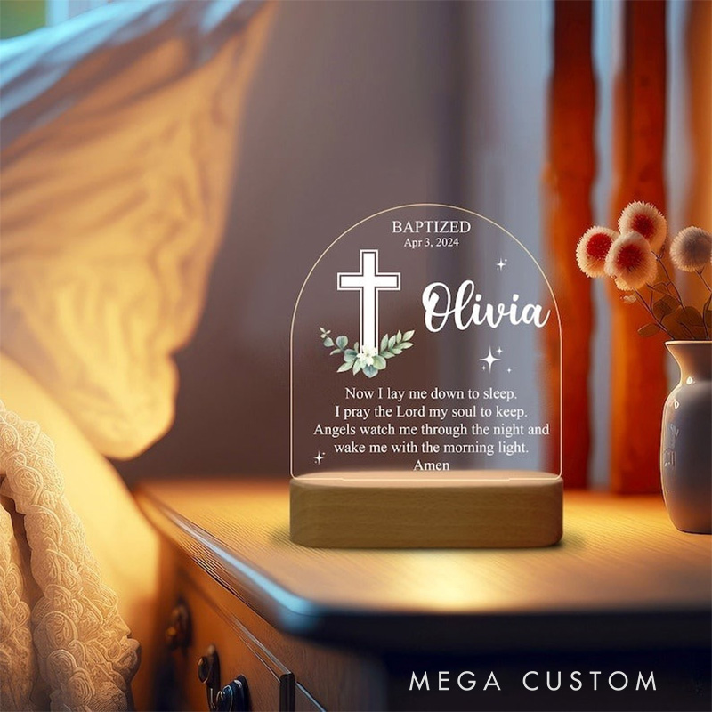 Personalized Prayer Cross Flower LED Night Light with Name and Date Baptism Gift Religious Gift for Girls