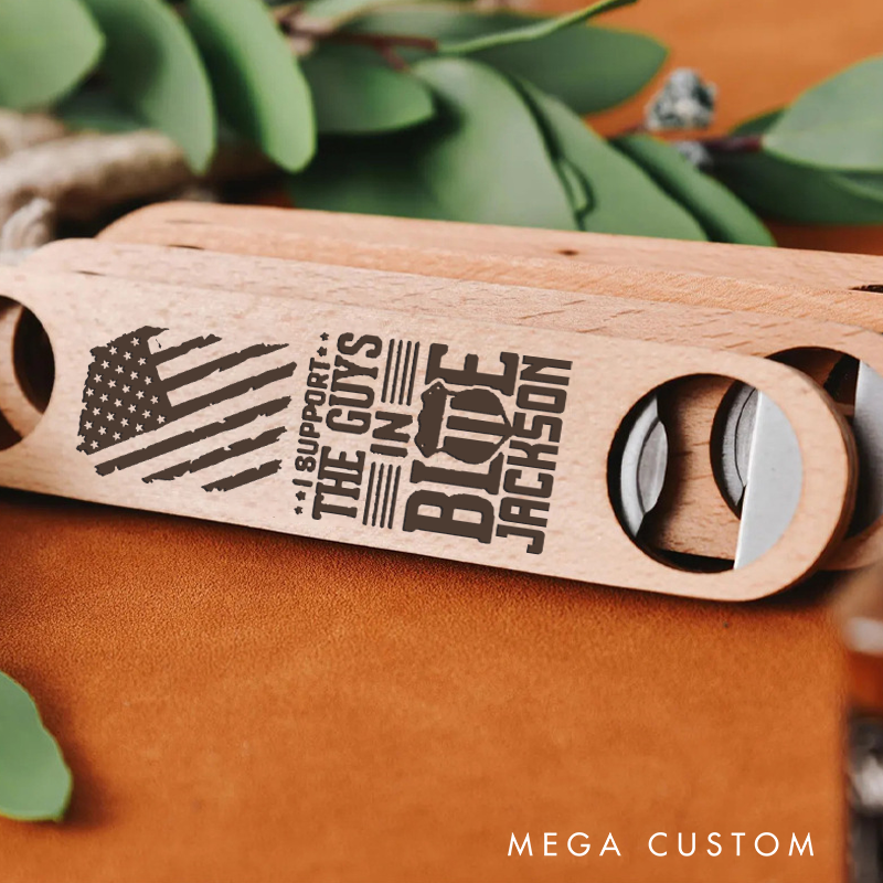 Personalized Wooden Handled Engraved Bottle Opener Gift for Police Officers in Blue Design