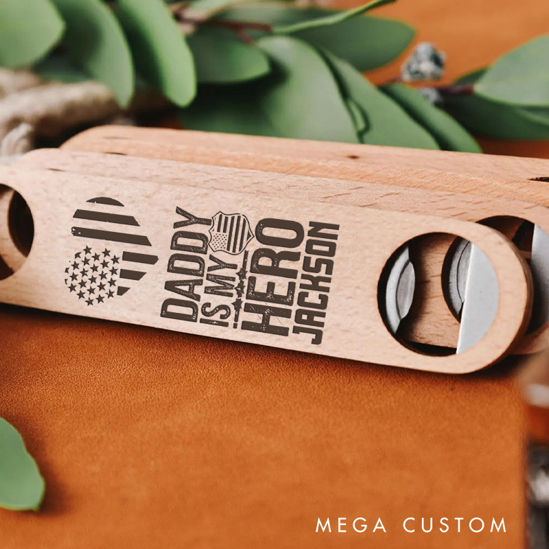Personalized Wooden Handled Engraved Bottle Opener Gift for Police Officers with Daddy Is My Hero Design