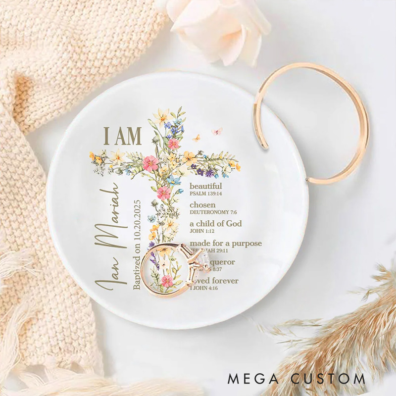 Personalized Floral Cross Bible Verse Ring Dish Jewelry Tray with Name and Text Christening Baptism Gift for Girls