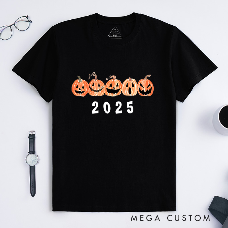 Personalized Row of Jack-O-Lantern Pumpkins Halloween T-Shirt Perfect for Seasonal Festivities T-Shirt