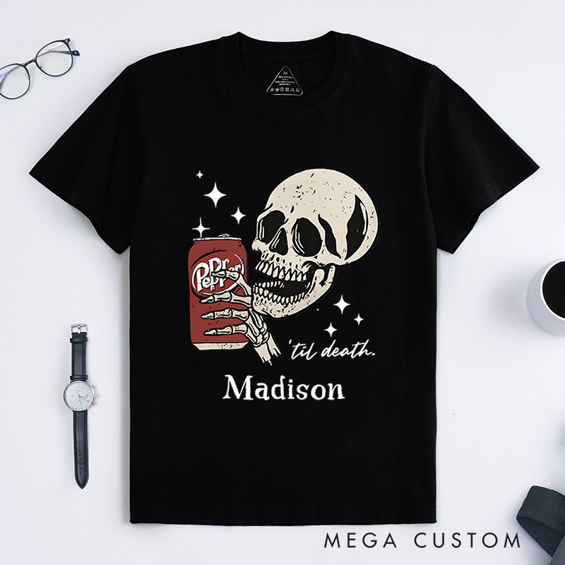 Personalized Skull and Drink Halloween T-Shirt Perfect for Adding a Playful and Spooky Vibe to Outfits T-Shirt