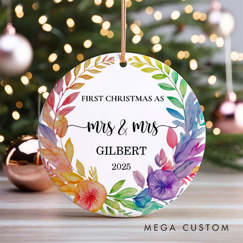 Personalized First Christmas as Mrs and Mrs Floral Ornament LGBTQ Lesbian Ornament for Her LGBTQA+ Christmas Ornament