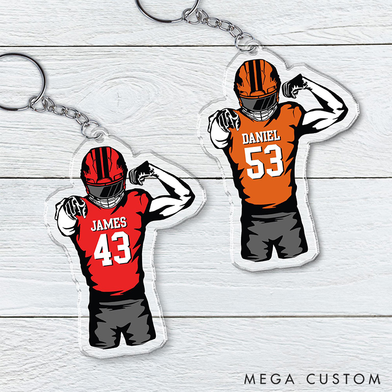 Personalized American Football Player Acrylic Keychain with Custom Number and Name, Show Off Your Team Spirit