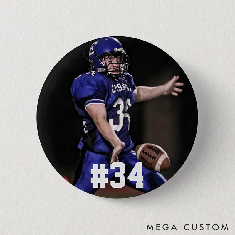 Personalized American Football Button Pin with Custom Photo and Number Design
