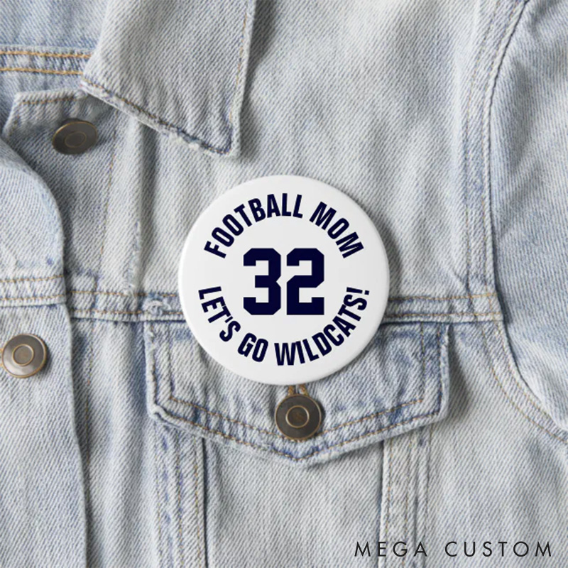 Personalized American Football Mom Button Pin with Custom Number and Text